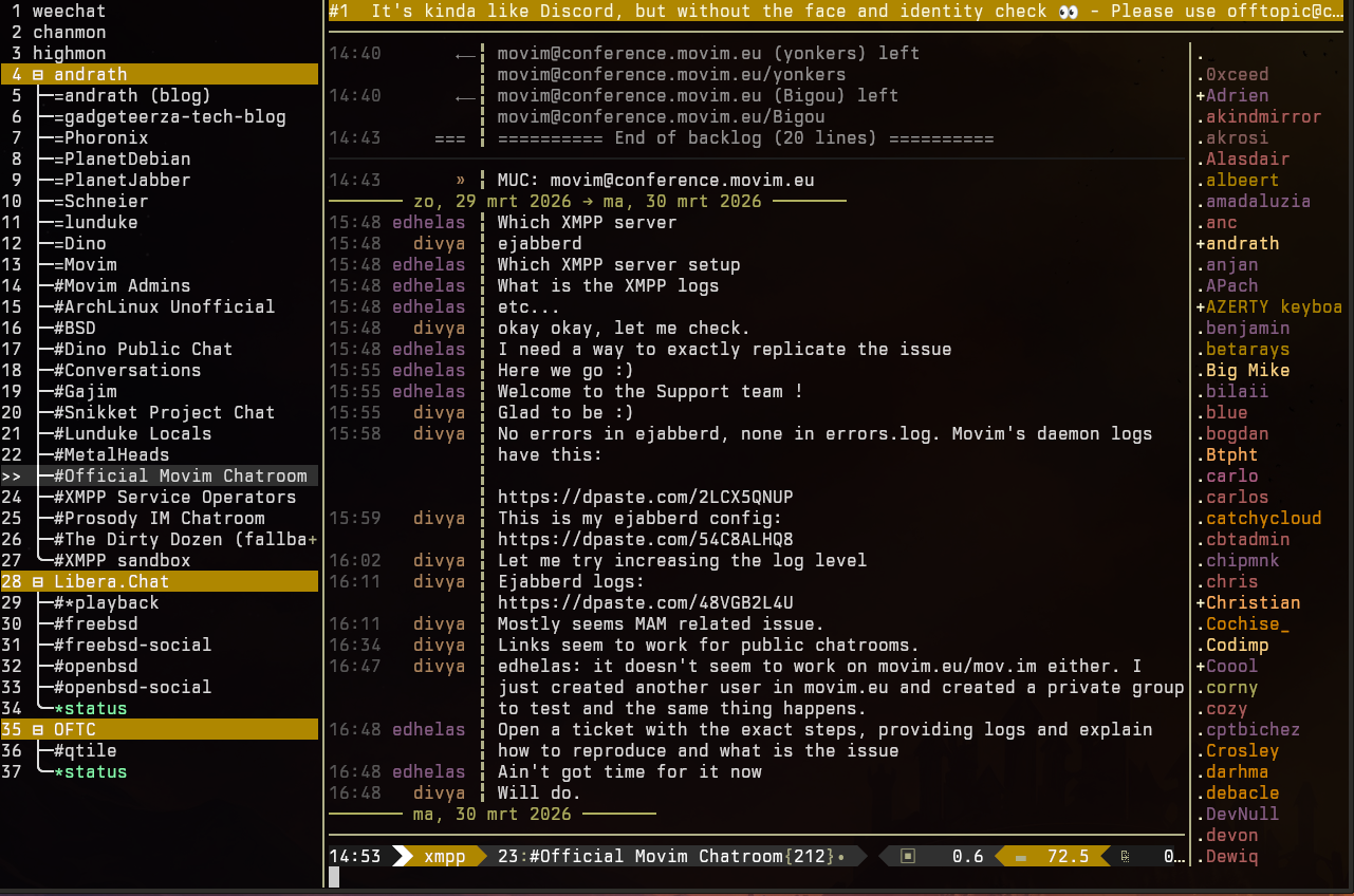 Xepher running in WeeChat showing XMPP chat and microblogging feed